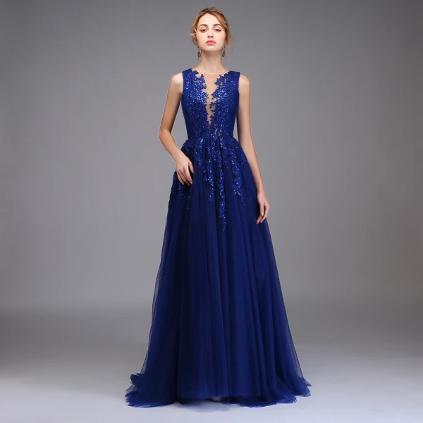 Haut de Gamme Bleu Roi Robe De Bal 2020 Princesse Transparentes Encolure Dégagée Sans Manches Appliques En Dentelle Paillettes Fendue devant Train De Balayage Volants Robe De Ceremonie