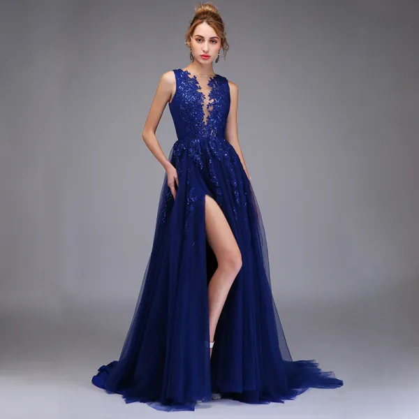 High-end Royal Blue Prom Dresses 2020 A-Line / Princess See-through Scoop Neck Sleeveless Appliques Lace Sequins Split Front Sweep Train Ruffle Formal Dresses