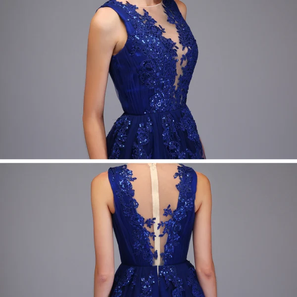 Haut de Gamme Bleu Roi Robe De Bal 2020 Princesse Transparentes Encolure Dégagée Sans Manches Appliques En Dentelle Paillettes Fendue devant Train De Balayage Volants Robe De Ceremonie