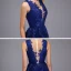 Haut de Gamme Bleu Roi Robe De Bal 2020 Princesse Transparentes Encolure Dégagée Sans Manches Appliques En Dentelle Paillettes Fendue devant Train De Balayage Volants Robe De Ceremonie