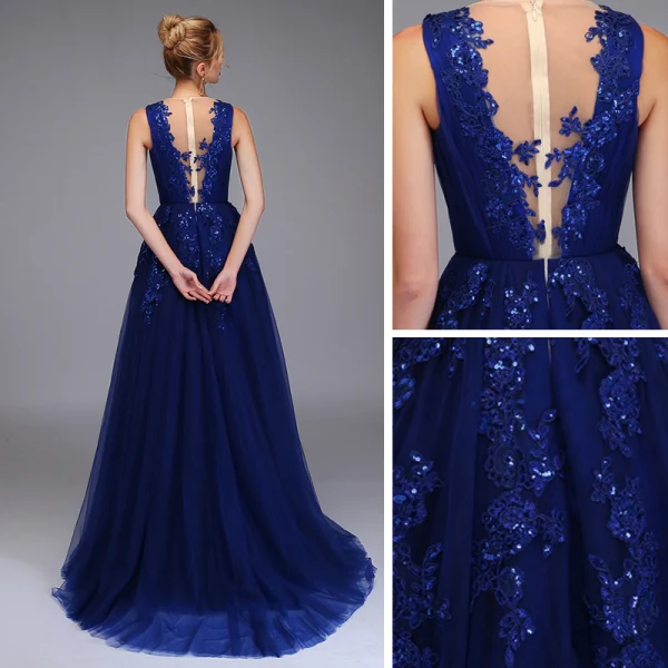 Haut de Gamme Bleu Roi Robe De Bal 2020 Princesse Transparentes Encolure Dégagée Sans Manches Appliques En Dentelle Paillettes Fendue devant Train De Balayage Volants Robe De Ceremonie
