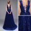Haut de Gamme Bleu Roi Robe De Bal 2020 Princesse Transparentes Encolure Dégagée Sans Manches Appliques En Dentelle Paillettes Fendue devant Train De Balayage Volants Robe De Ceremonie
