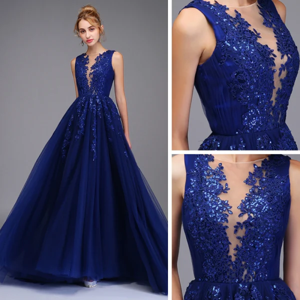 Haut de Gamme Bleu Roi Robe De Bal 2020 Princesse Transparentes Encolure Dégagée Sans Manches Appliques En Dentelle Paillettes Fendue devant Train De Balayage Volants Robe De Ceremonie