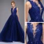 Haut de Gamme Bleu Roi Robe De Bal 2020 Princesse Transparentes Encolure Dégagée Sans Manches Appliques En Dentelle Paillettes Fendue devant Train De Balayage Volants Robe De Ceremonie