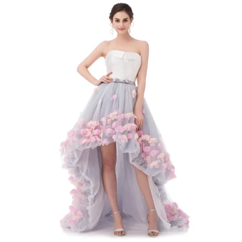 Flower Fairy Grey Prom Dresses 2020 A Line Princess Sweetheart Sleeveless Appliques Flower Bow Sash Asymmetrical Ruffle Backless Formal Dresses