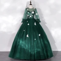 Hada de las flores Verde Oscuro Transparentes Bailando Vestidos de gala 2020 Ball Gown Scoop Escote Hinchado Manga Larga mariposa Apliques Con Encaje Largos Ruffle