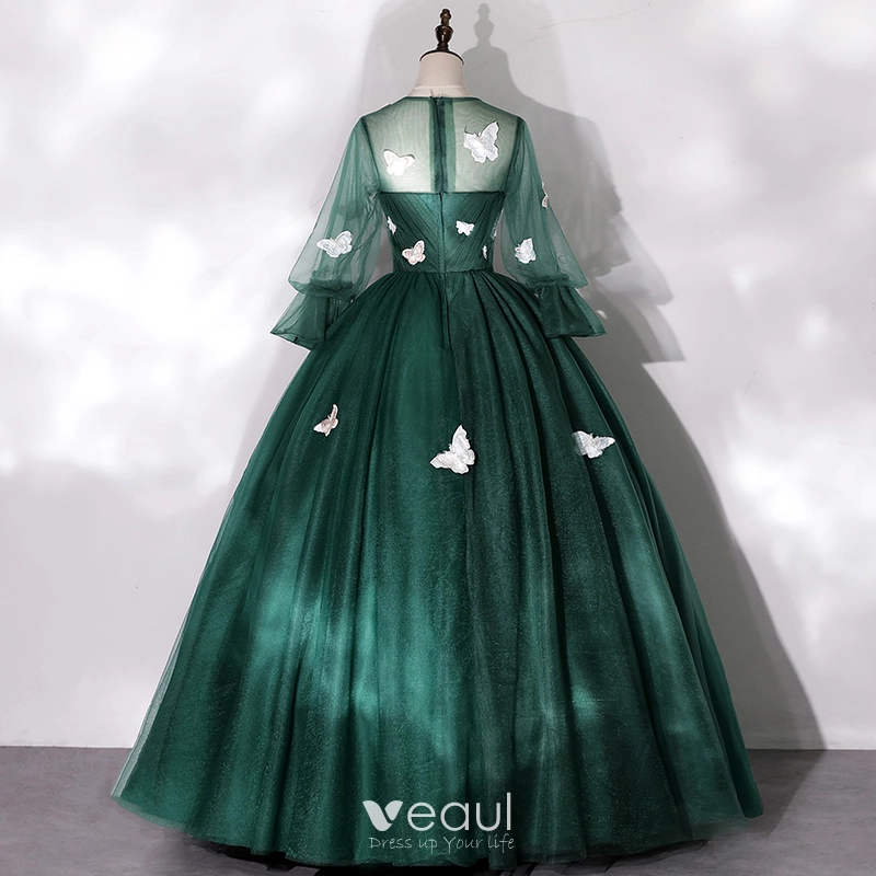 Flower Fairy Dark Green See Through Dancing Prom Dresses 2020 Ball Gown  Scoop Neck Puffy Long Sleeve Butterfly Appliques Lace Floor Length Long  Ruffle