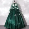 Flower Fairy Dark Green See-through Dancing Prom Dresses 2020 Ball Gown Scoop Neck Puffy Long Sleeve Butterfly Appliques Lace Floor-Length / Long Ruffle