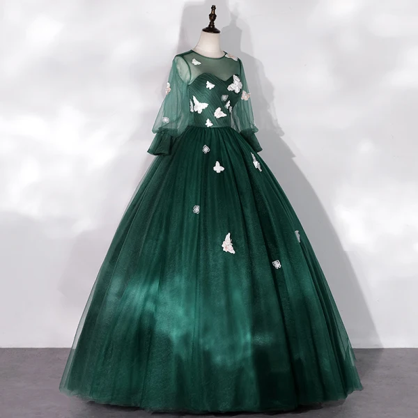Flower Fairy Dark Green See-through Dancing Prom Dresses 2020 Ball Gown Scoop Neck Puffy Long Sleeve Butterfly Appliques Lace Floor-Length / Long Ruffle