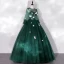 Flower Fairy Dark Green See-through Dancing Prom Dresses 2020 Ball Gown Scoop Neck Puffy Long Sleeve Butterfly Appliques Lace Floor-Length / Long Ruffle