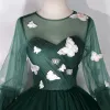 Flower Fairy Dark Green See-through Dancing Prom Dresses 2020 Ball Gown Scoop Neck Puffy Long Sleeve Butterfly Appliques Lace Floor-Length / Long Ruffle