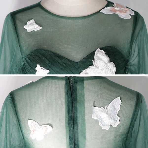 Flower Fairy Dark Green See-through Dancing Prom Dresses 2020 Ball Gown Scoop Neck Puffy Long Sleeve Butterfly Appliques Lace Floor-Length / Long Ruffle