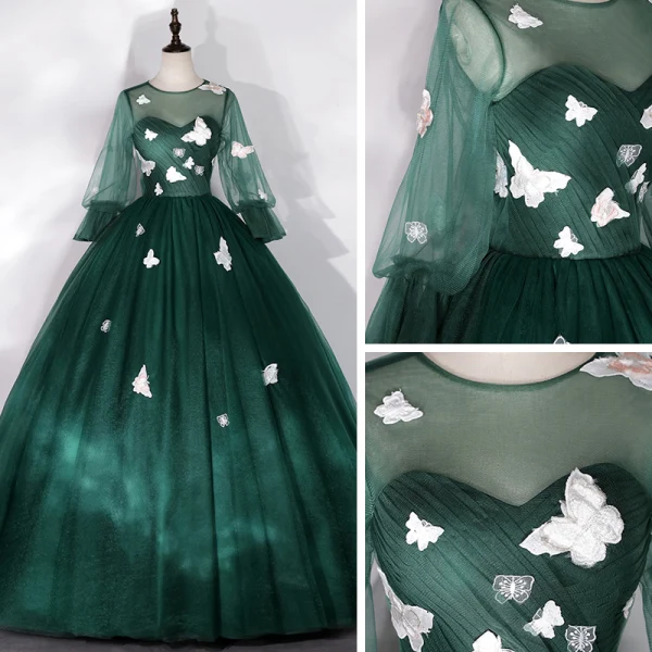 Flower Fairy Dark Green See-through Dancing Prom Dresses 2020 Ball Gown Scoop Neck Puffy Long Sleeve Butterfly Appliques Lace Floor-Length / Long Ruffle