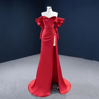 Luxury Gorgeous Red Satin Red Carpet Evening Dresses 2020 Sheath Fit Off The Shoulder Long Sleeve Beading Split Front Sweep Train Ruffle Backless Formal Dresses