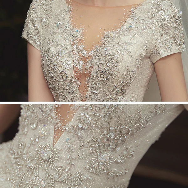 Romantique Champagne La Mariée Robe De Mariée 2020 Robe Boule Transparentes Col v profond Manches Courtes Dos Nu Appliques En Dentelle Perlage Glitter Tulle Cathedral Train Volants