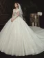 Romantique Champagne La Mariée Robe De Mariée 2020 Robe Boule Transparentes Col v profond Manches Courtes Dos Nu Appliques En Dentelle Perlage Glitter Tulle Cathedral Train Volants