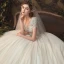 Romantique Champagne La Mariée Robe De Mariée 2020 Robe Boule Transparentes Col v profond Manches Courtes Dos Nu Appliques En Dentelle Perlage Glitter Tulle Cathedral Train Volants