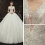 Romantique Champagne La Mariée Robe De Mariée 2020 Robe Boule Transparentes Col v profond Manches Courtes Dos Nu Appliques En Dentelle Perlage Glitter Tulle Cathedral Train Volants