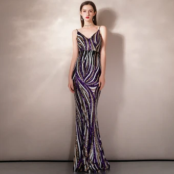 Fantaisie Multi Couleurs Paillettes Robe De Soirée 2020 Trompette Sirène Bretelles Spaghetti Sans Manches Longue Volants Dos Nu Robe De Ceremonie