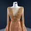 Luxe Orange Tapis rouge Robe De Soirée 2020 Princesse Transparentes Encolure Dégagée Manches Longues Fait main Perlage Paillettes Tribunal Train Volants Dos Nu