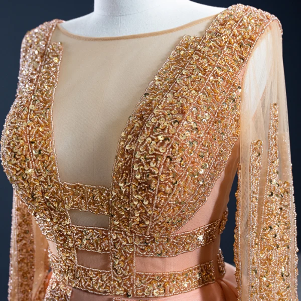 Luxe Orange Tapis rouge Robe De Soirée 2020 Princesse Transparentes Encolure Dégagée Manches Longues Fait main Perlage Paillettes Tribunal Train Volants Dos Nu