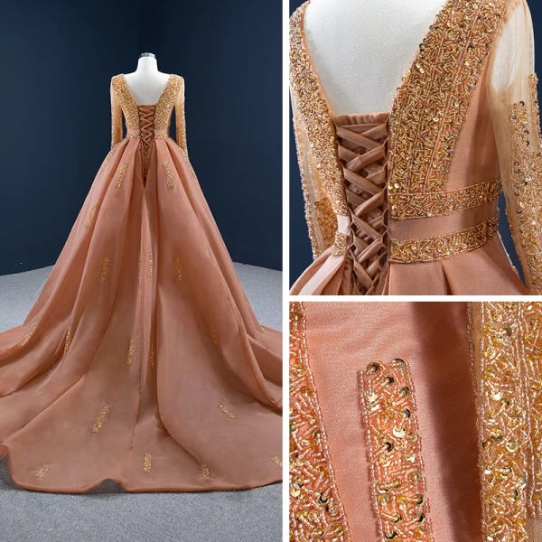 Luxe Orange Tapis rouge Robe De Soirée 2020 Princesse Transparentes Encolure Dégagée Manches Longues Fait main Perlage Paillettes Tribunal Train Volants Dos Nu