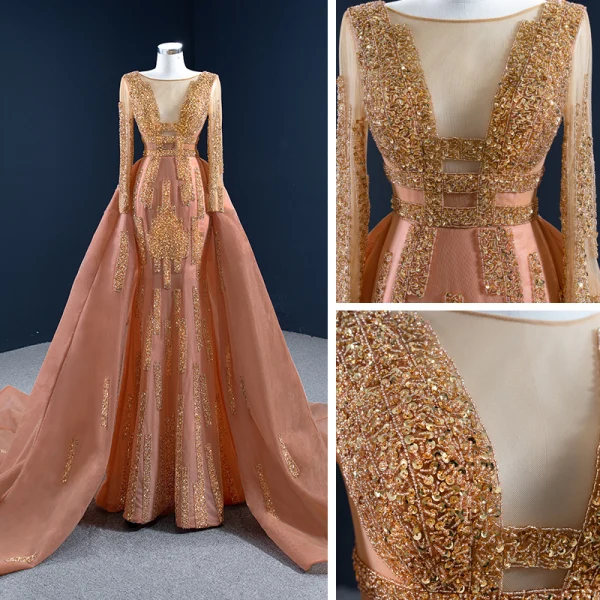 Luxe Orange Tapis rouge Robe De Soirée 2020 Princesse Transparentes Encolure Dégagée Manches Longues Fait main Perlage Paillettes Tribunal Train Volants Dos Nu