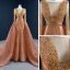 Luxe Orange Tapis rouge Robe De Soirée 2020 Princesse Transparentes Encolure Dégagée Manches Longues Fait main Perlage Paillettes Tribunal Train Volants Dos Nu