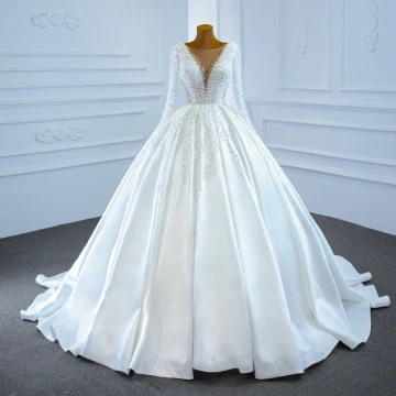 Luxury Gorgeous White Satin Bridal Wedding Dresses 2020 Ball Gown See Through Square Neckline Long Sleeve Backless Handmade Beading Pearl Sweep Train Ruffle