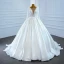 Luxe Blanche Satin La Mariée Robe De Mariée 2020 Robe Boule Transparentes Encolure Carrée Manches Longues Dos Nu Fait main Perlage Perle Train De Balayage Volants