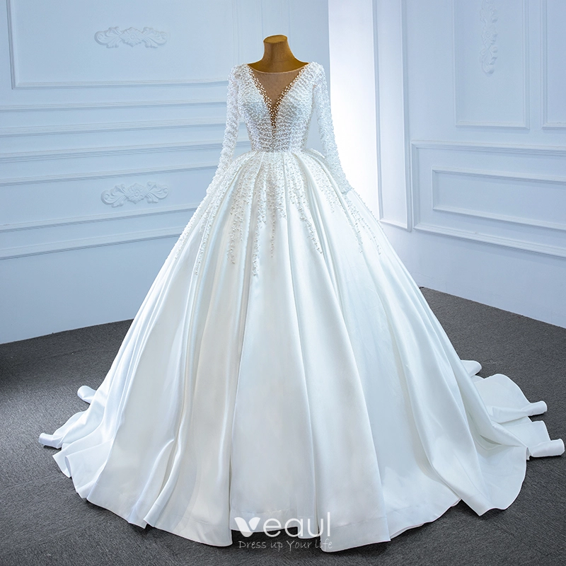 Luxury / Gorgeous White Satin Bridal Wedding Dresses 2020 Ball Gown See ...