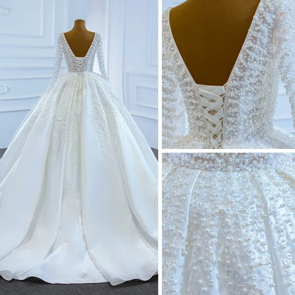Luxe Blanche Satin La Mariée Robe De Mariée 2020 Robe Boule Transparentes Encolure Carrée Manches Longues Dos Nu Fait main Perlage Perle Train De Balayage Volants