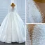 Luxe Blanche Satin La Mariée Robe De Mariée 2020 Robe Boule Transparentes Encolure Carrée Manches Longues Dos Nu Fait main Perlage Perle Train De Balayage Volants