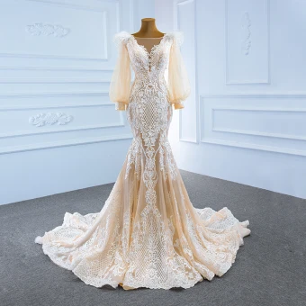Luxury Gorgeous Champagne Bridal Wedding Dresses 2020 Trumpet Mermaid See Through Square Neckline Puffy Long Sleeve Backless Appliques Lace Feather Sweep Train Ruffle