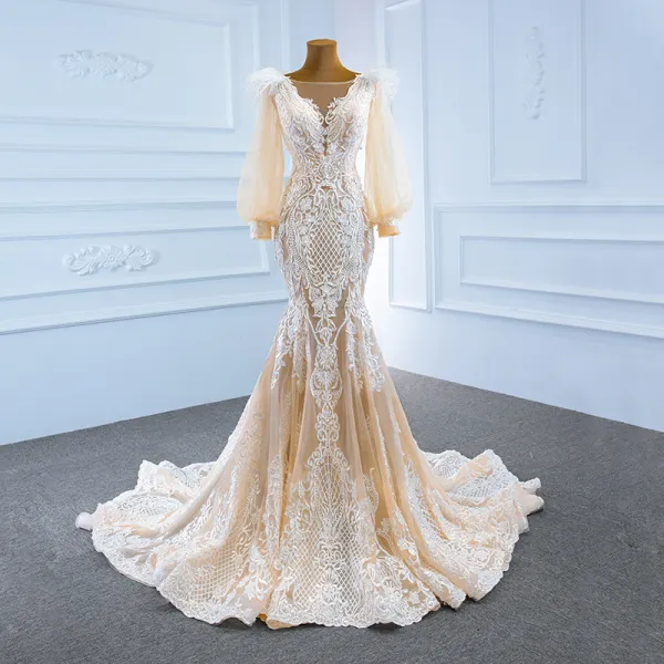 Luxury / Gorgeous Champagne Bridal Wedding Dresses 2020 Trumpet / Mermaid See-through Square Neckline Puffy Long Sleeve Backless Appliques Lace Feather Sweep Train Ruffle