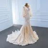 Luxury / Gorgeous Champagne Bridal Wedding Dresses 2020 Trumpet / Mermaid See-through Square Neckline Puffy Long Sleeve Backless Appliques Lace Feather Sweep Train Ruffle