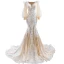 Luxe Champagne La Mariée Robe De Mariée 2020 Trompette / Sirène Transparentes Encolure Carrée Gonflée Manches Longues Dos Nu Appliques En Dentelle Plumes Train De Balayage Volants