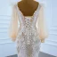 Luxe Champagne La Mariée Robe De Mariée 2020 Trompette / Sirène Transparentes Encolure Carrée Gonflée Manches Longues Dos Nu Appliques En Dentelle Plumes Train De Balayage Volants