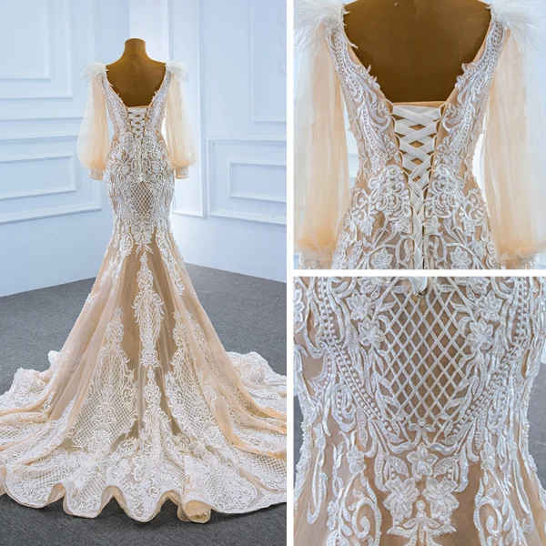 Luxe Champagne La Mariée Robe De Mariée 2020 Trompette / Sirène Transparentes Encolure Carrée Gonflée Manches Longues Dos Nu Appliques En Dentelle Plumes Train De Balayage Volants