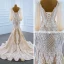 Luxe Champagne La Mariée Robe De Mariée 2020 Trompette / Sirène Transparentes Encolure Carrée Gonflée Manches Longues Dos Nu Appliques En Dentelle Plumes Train De Balayage Volants