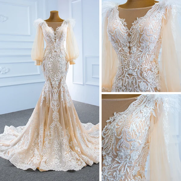 Luxe Champagne La Mariée Robe De Mariée 2020 Trompette / Sirène Transparentes Encolure Carrée Gonflée Manches Longues Dos Nu Appliques En Dentelle Plumes Train De Balayage Volants