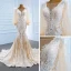 Luxe Champagne La Mariée Robe De Mariée 2020 Trompette / Sirène Transparentes Encolure Carrée Gonflée Manches Longues Dos Nu Appliques En Dentelle Plumes Train De Balayage Volants