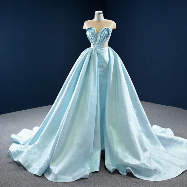 Stunning Mint Green Satin See-through Prom Dresses 2020 Ball Gown Scoop Neck Sleeveless Backless Heart-shaped Court Train Ruffle Formal Dresses