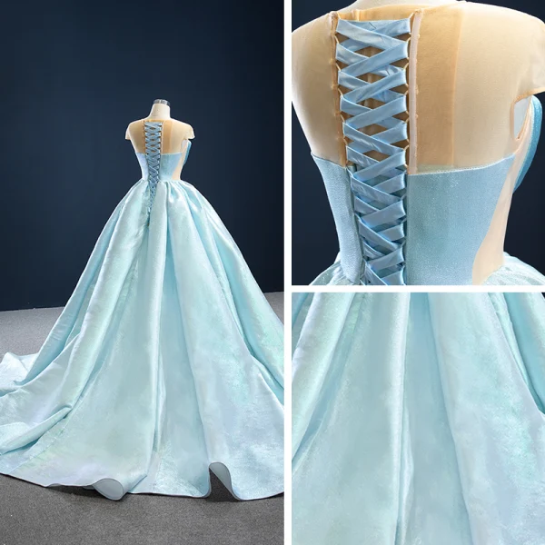 Étourdissant Vert Citron Satin Transparentes Robe De Bal 2020 Robe Boule Encolure Dégagée Sans Manches Dos Nu Forme de coeur Tribunal Train Volants Robe De Ceremonie