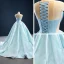 Étourdissant Vert Citron Satin Transparentes Robe De Bal 2020 Robe Boule Encolure Dégagée Sans Manches Dos Nu Forme de coeur Tribunal Train Volants Robe De Ceremonie