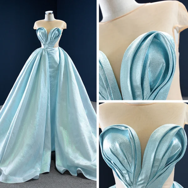 Étourdissant Vert Citron Satin Transparentes Robe De Bal 2020 Robe Boule Encolure Dégagée Sans Manches Dos Nu Forme de coeur Tribunal Train Volants Robe De Ceremonie