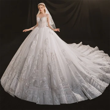 Luxe Ivoire Transparentes La Mariée Robe De Mariée 2020 Robe Boule Encolure Dégagée Manches Longues Dos Nu Fait Main Perlage Paillettes Détachable Royal Train Volants