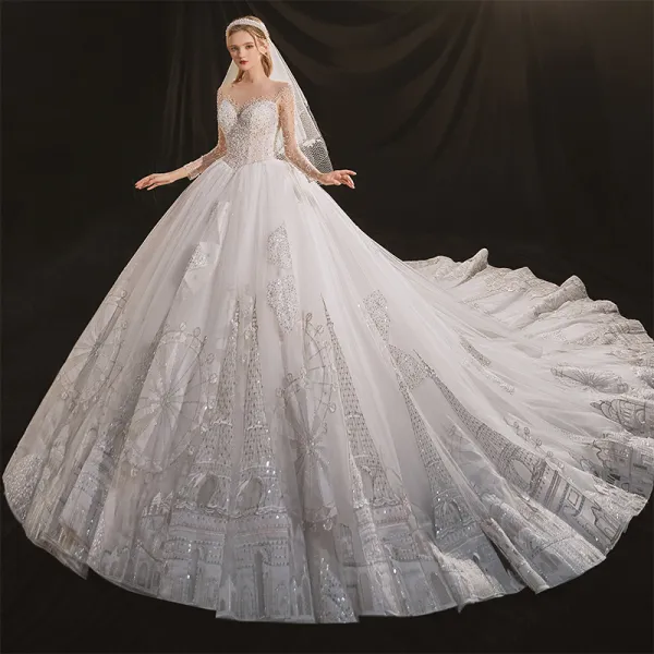 Luxury / Gorgeous Ivory See-through Bridal Wedding Dresses 2020 Ball Gown Scoop Neck Long Sleeve Backless Handmade  Beading Sequins Detachable Royal Train Ruffle
