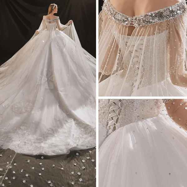 Luxus / Herrlich Ivory / Creme Durchsichtige Hochzeits Brautkleider / Hochzeitskleider 2020 Ballkleid Rundhalsausschnitt Lange Ärmel Rückenfreies Handgefertigt Perlenstickerei Pailletten Abnehmbar Königliche Schleppe Rüschen