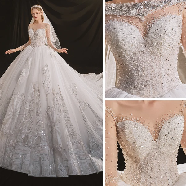 Luxus / Herrlich Ivory / Creme Durchsichtige Hochzeits Brautkleider / Hochzeitskleider 2020 Ballkleid Rundhalsausschnitt Lange Ärmel Rückenfreies Handgefertigt Perlenstickerei Pailletten Abnehmbar Königliche Schleppe Rüschen